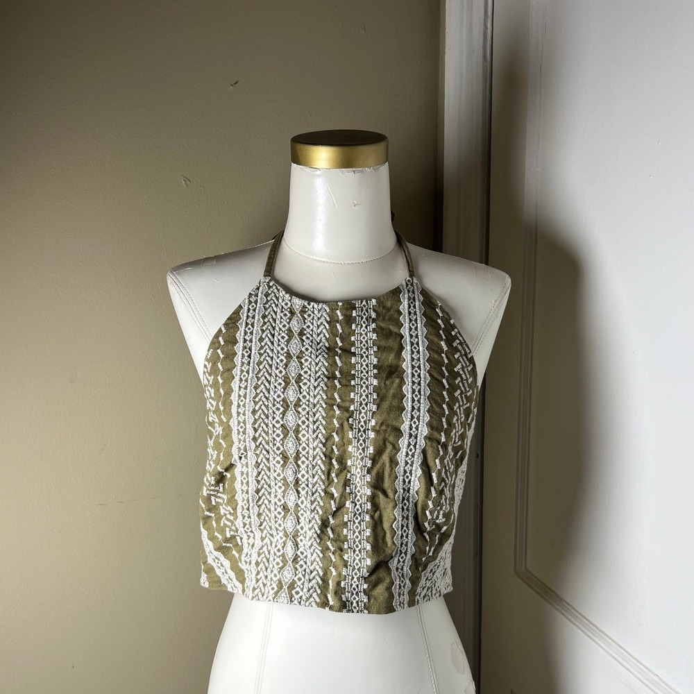 House of Harlow‎ 1960 Linen Blend Olive White Embroidered Halter Crop Top Size L